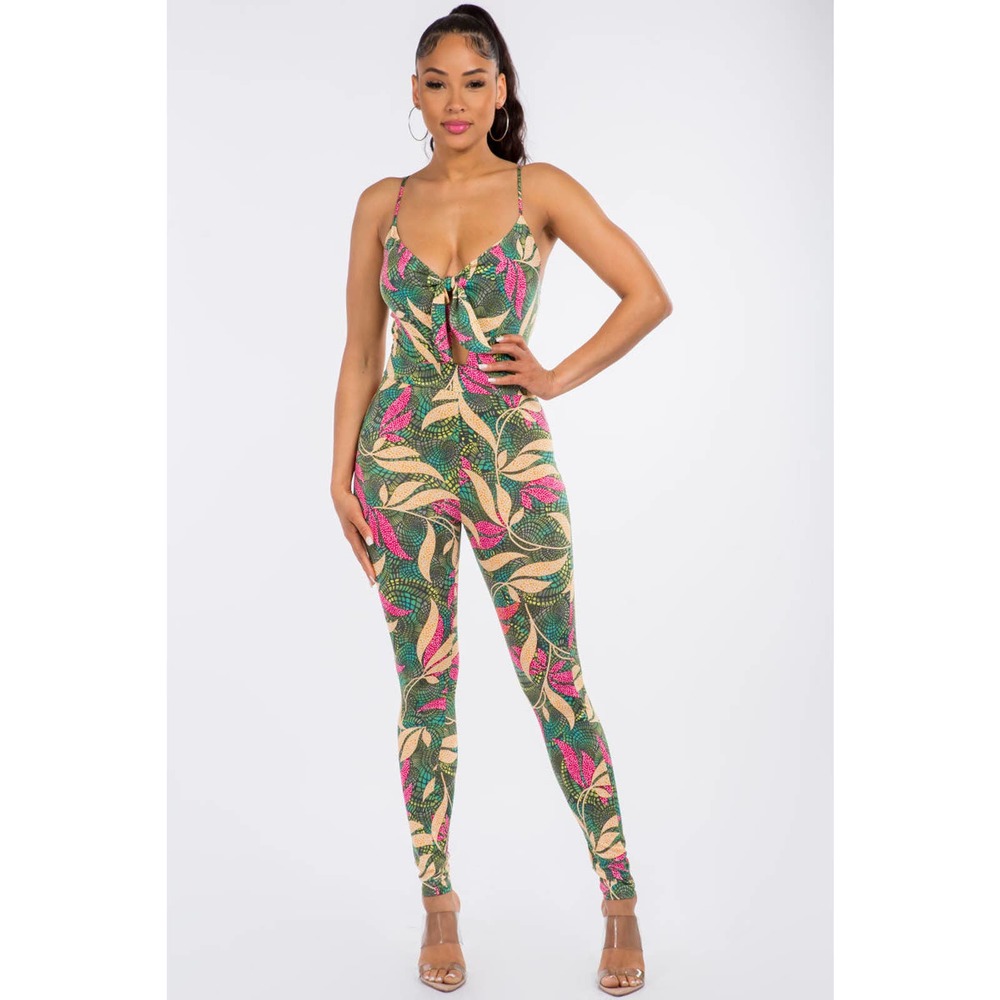 Tropical Multi Colored Cut Out Spaghetti Strap Front Tie Catsuit
